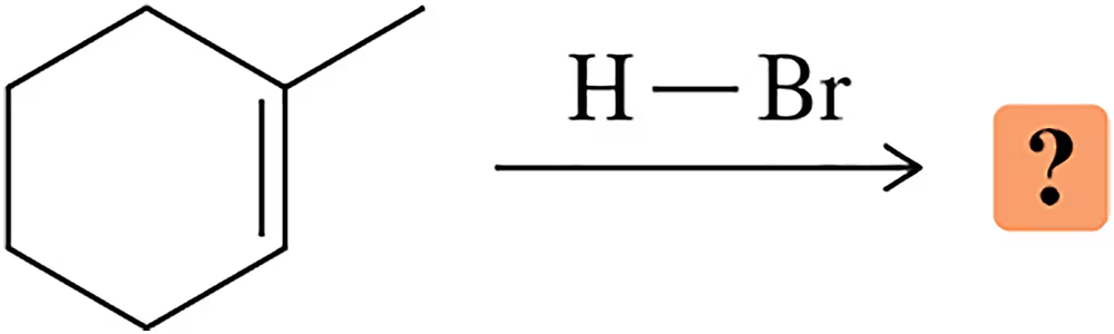 Chemical structure of 1-methylcyclohexene reacting with HBr, leading to an unknown product indicated by a question mark.