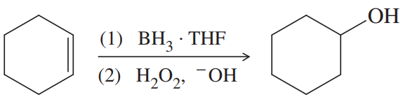 Chemical reaction showing the conversion of a cyclohexene to cyclohexanol using BH3 and H2O2.
