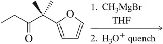 Chemical reaction diagram showing the addition of CH3MgBr to an aldehyde, followed by a water quench step.