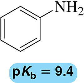 Chemical structure of an aniline molecule with pKb value of 9.4 displayed below it.