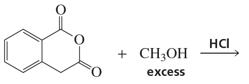 Chemical reaction diagram showing a carboxylic acid derivative reacting with methanol and hydrochloric acid.