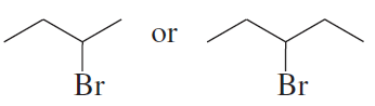 Two alkyl halide structures with bromine atoms, separated by the word "or," illustrating reactivity in a substitution reaction.