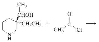 Chemical reaction diagram showing reactants and products for nucleophilic acyl substitution, with structures labeled.