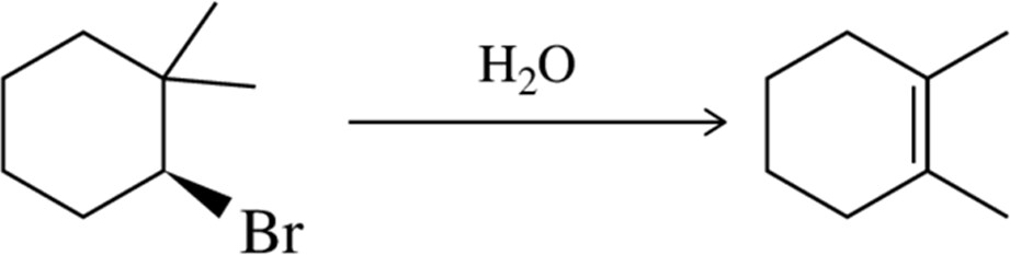 E1 reaction mechanism showing a brominated cyclohexane converting to a double bond with water as a reagent.