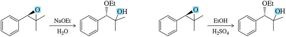 Chemical reaction diagrams showing epoxide opening under basic and acidic conditions, resulting in similar products.