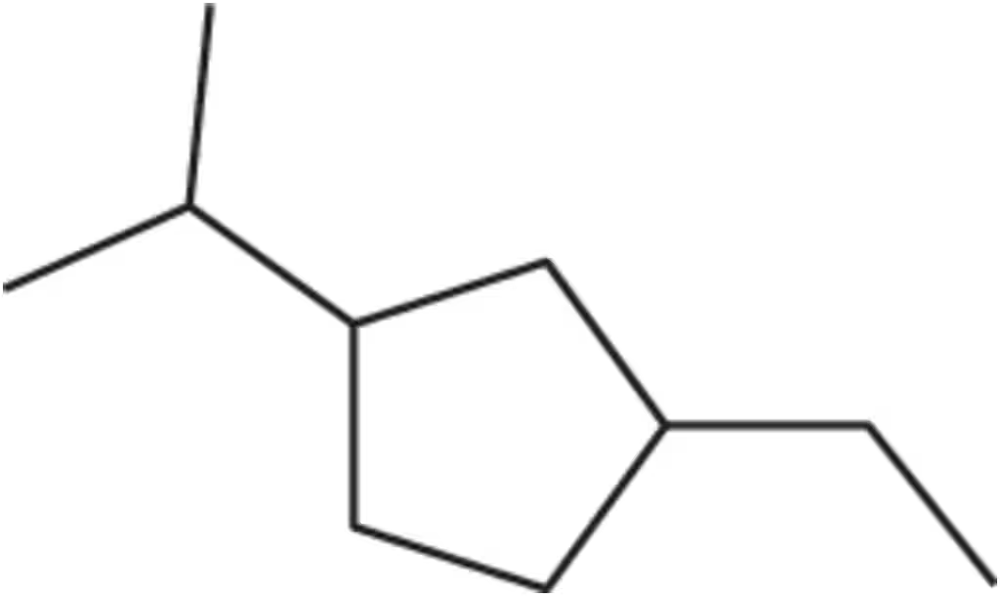 Structural representation of 1-ethyl-3-isopropylcyclopentane showing cis and trans isomers.