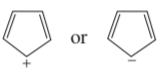 Two structural representations of aromatic hydrocarbons, one with a positive charge and one with a negative charge, labeled "or."