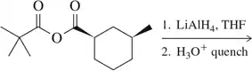 Chemical reaction diagram showing a reduction process with LiAlH4 and H3O+ quench, featuring carbonyl and alcohol groups.