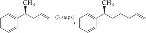 Chemical reaction diagram showing synthesis from one molecule to another in three steps, with structures labeled.