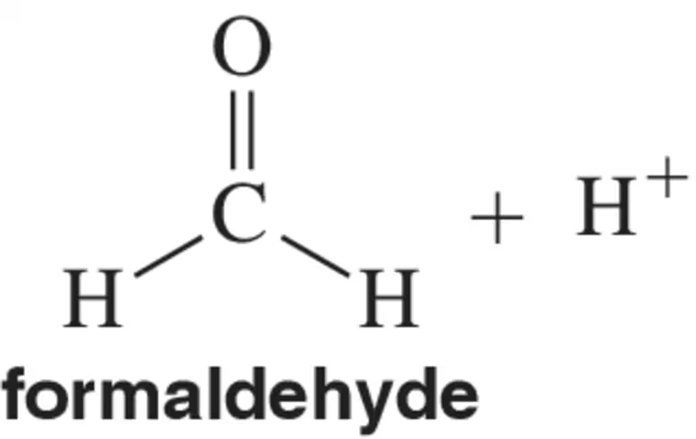 Structural formula of formaldehyde with H+ ion, questioning where H+ would add to the molecule.