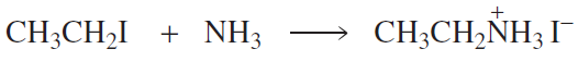 Chemical equation showing the SN2 reaction between CH3CH2I and NH3, producing CH3CH2NH3+ and I-.