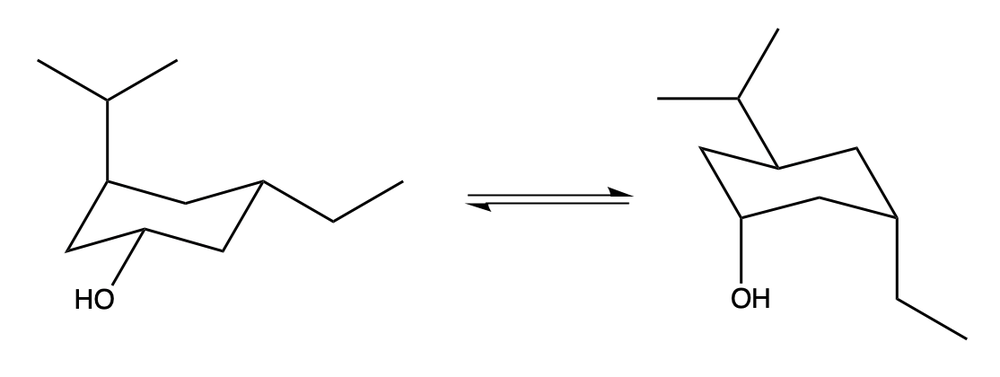 Illustration of chair-chair interconversion in cyclohexane with substituents OH and Et.