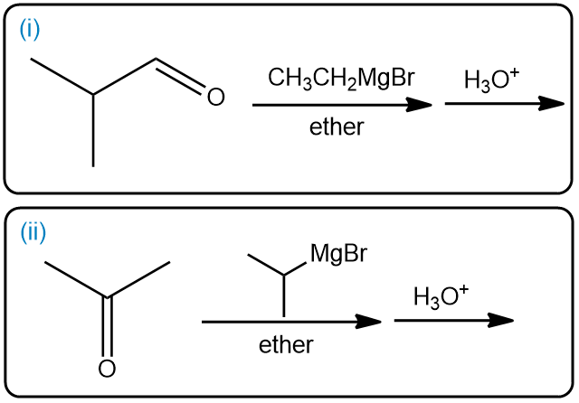 Two methods to prepare a secondary alcohol using Grignard reagents and aldehydes.
