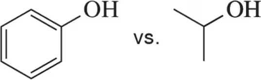 Chemical structures comparing two compounds with hydroxyl groups, asking which is more acidic.