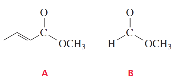 Two chemical structures labeled A and B, depicting esters for a Claisen condensation question.