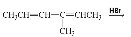 Chemical structure showing a conjugated diene reacting with HBr, indicating potential products of 1,2 and 1,4 addition.