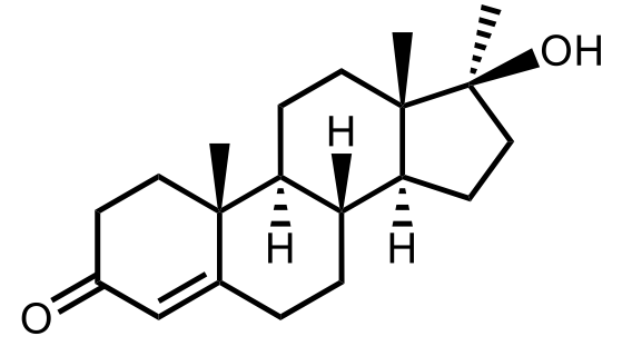 Chemical structure of a steroid with ketone at C3, double bond at C4-C5, and hydroxyl at C17.