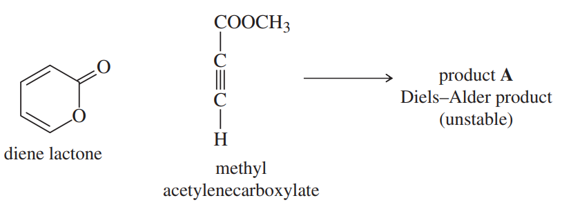 Diene lactone structure with electron-donating and withdrawing groups leading to an unstable Diels–Alder product A.