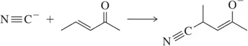 Chemical reaction showing an arrow-pushing mechanism between a cyanide ion and an aldehyde, resulting in a new compound.