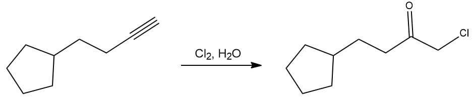 Reaction showing alkyne halogenation to form chloroketones with chlorine water.