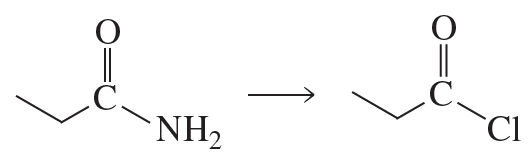 Chemical reaction diagram showing the conversion of an amide to an acyl chloride with structural formulas.