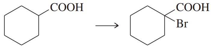 Chemical reaction diagram showing the conversion of a carboxylic acid to a brominated carboxylic acid.