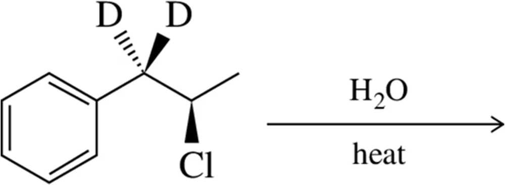 Chemical structure showing a benzene ring with a chlorine atom and deuterium atoms, indicating an E1 elimination reaction with heat.