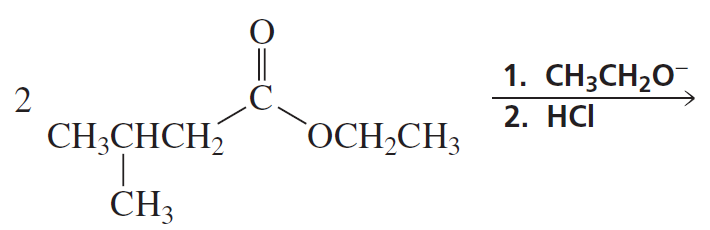 Chemical structure showing a carbonyl group with two alkyl groups and reaction steps involving ethoxide and hydrochloric acid.