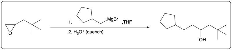 Synthetic scheme illustrating an epoxide and MgBr in THF yielding an alcohol.