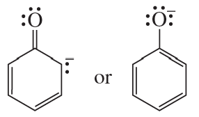 Two resonance structures of a molecule with oxygen, showing different electron arrangements and charges.