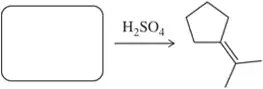 Chemical reaction diagram showing dehydration with H₂SO₄, leading to an alkene product from an unspecified alcohol.