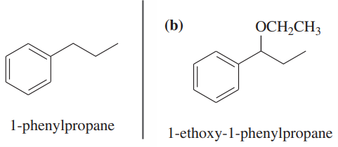 Chemical structures of 1-phenylpropane and 1-ethoxy-1-phenylpropane with labels indicating each compound.