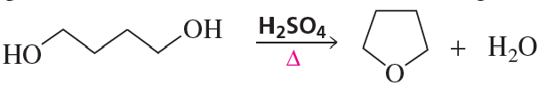 Chemical reaction diagram showing alcohol condensation to form an ether, with reactants, catalyst, and products labeled.