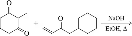 Chemical reaction diagram showing reactants and conditions for Robinson Annulation, including NaOH and ethanol.
