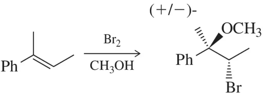Chemical reaction diagram showing the formation of a halohydrin from an alkene with bromine and methanol.