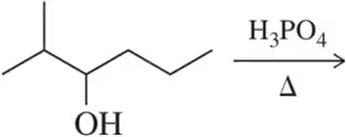 Chemical structure showing a dehydration reaction with an alcohol group and phosphoric acid as a catalyst.