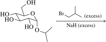 Chemical structure showing a monosaccharide reacting with bromopropane and sodium hydride to predict etherification products.