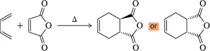 Chemical structures illustrating a Diels-Alder reaction with two possible product outcomes.