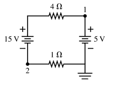 Circuit diagram showing resistors and voltage sources, with points labeled 1 and 2 for potential measurement.
