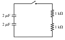 Schematic diagram of a circuit with two 2 µF capacitors and two 1 kΩ resistors.
