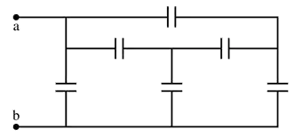 Schematic diagram of capacitors arranged in series and parallel between points a and b, each with capacitance C.