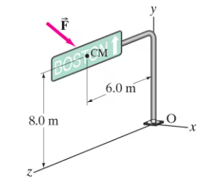 Diagram of a highway sign labeled "BOSTON" with force vector acting on it, showing dimensions and coordinate axes.