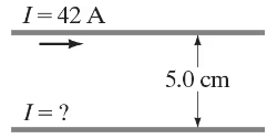 Diagram showing two parallel wires: one carrying 42 A current and the other 5 cm below, with unknown current direction indicated.