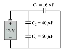 Circuit diagram showing a 12V battery connected to three capacitors: C1 (16μF), C2 (40μF), and C3 (60μF).