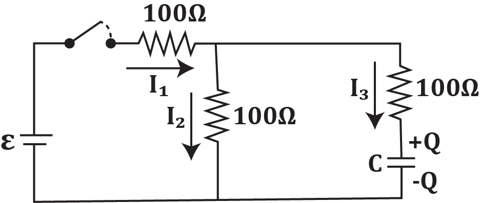 Circuit diagram showing three 100Ω resistors and a 10μF capacitor with currents I1, I2, and I3.