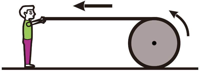 A child pulls a rope from a cylindrical drum, illustrating torque and acceleration concepts.