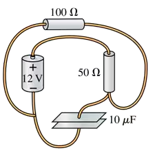 Circuit diagram showing a 12V battery, resistors of 100Ω and 50Ω, and a capacitor of 10μF connected in a loop.
