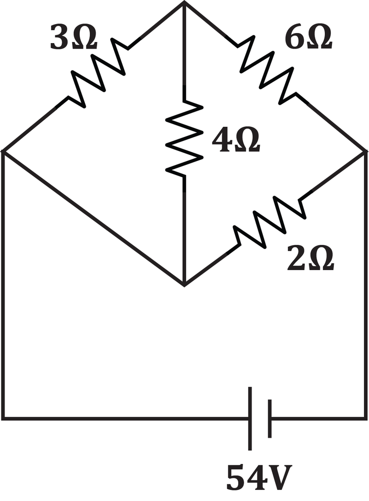 Circuit diagram with a 54-volt battery connected to resistors of 3Ω, 6Ω, 4Ω, and 2Ω in a complex arrangement.