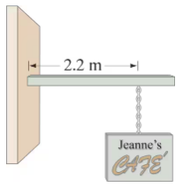 A horizontal pole extends from a wall, supporting a 6.1-kg sign hanging 2.2 m away.