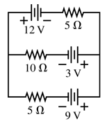 Circuit diagram showing a 12V battery, resistors of 5Ω, 10Ω, and 5Ω, and voltage sources of 3V and 9V.